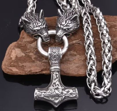 Viking Wolves and Thor's Hammer Pendant